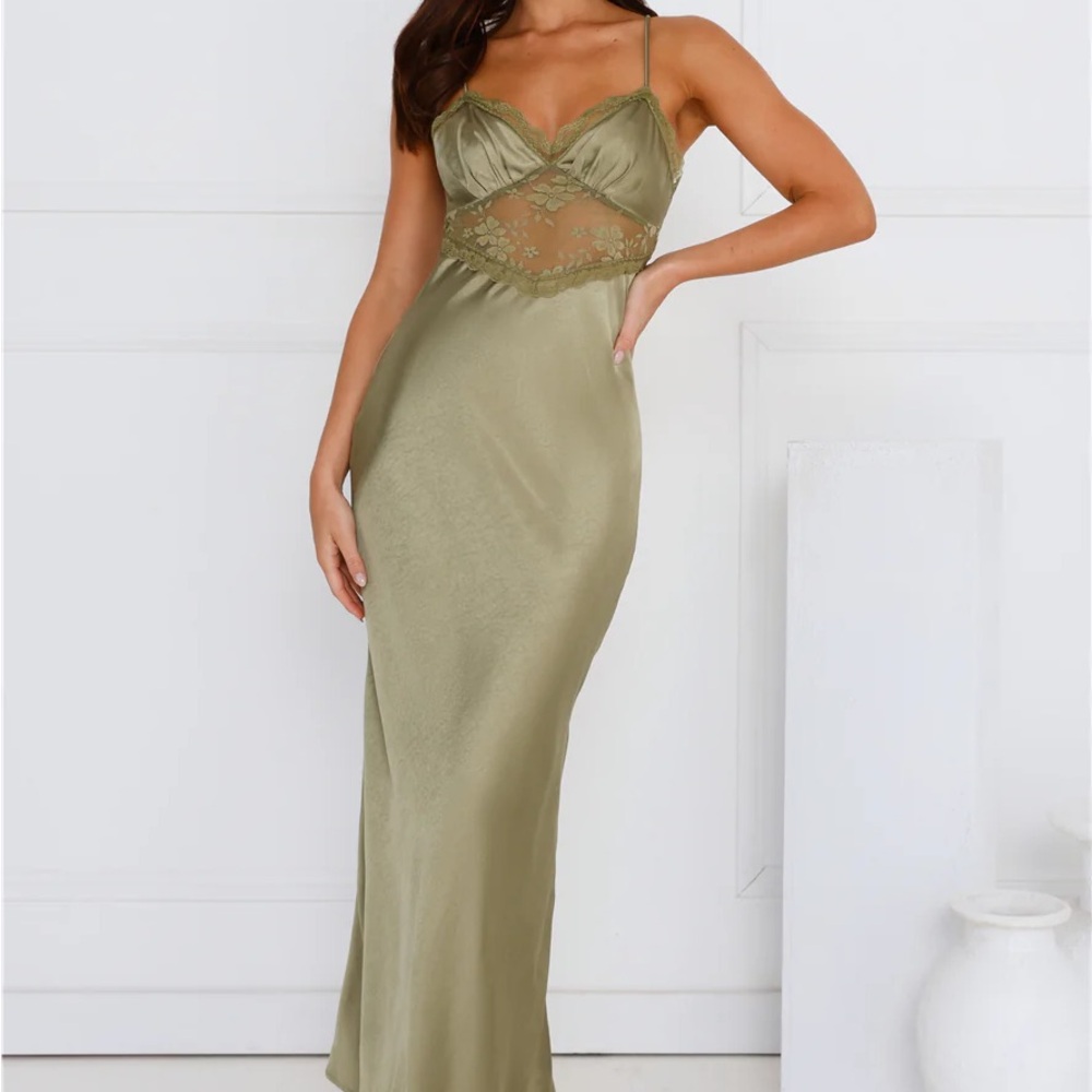 Hello Molly Olive Green Lace-Trim Satin Slip Dress